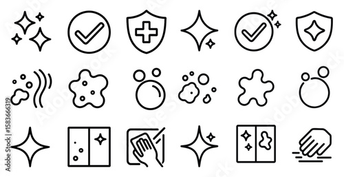 Series of black and white icons that represent cleaning and hygiene. The icons include a check mark, a cross, a shield, and a hand