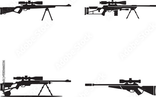 Set of Sniper rifle silhouette vector illustration isolated On Transparent Background