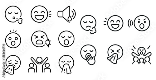 Collection of black and white emoticons, including a happy face, a sad face, and a face with a sneeze