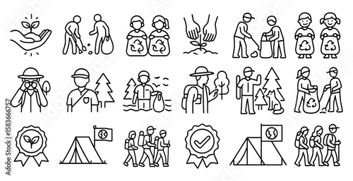 Series of images depicting people doing various activities related to the environment. The images include people picking up trash, planting trees, and carrying bags