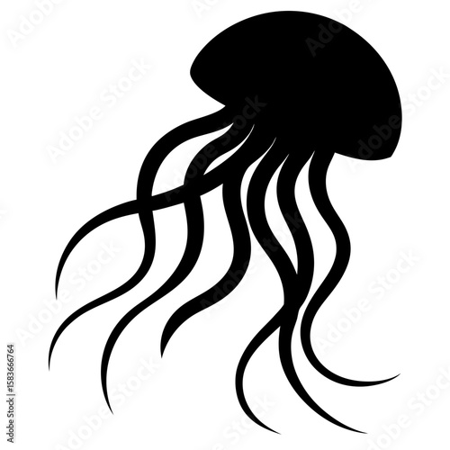 Elegant silhouette of a jellyfish with long trailing tentacles isolated on white background