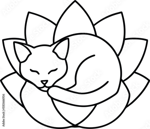 Sleeping Cat Curled into a Lotus Flower with Petal Ears