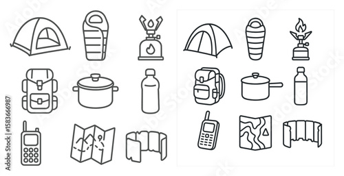 Set of icons for camping and hiking gear. The icons include a tent, a backpack, a sleeping bag, a water bottle, a map, a compass, a pot, a pan, a knife, and a fire starter