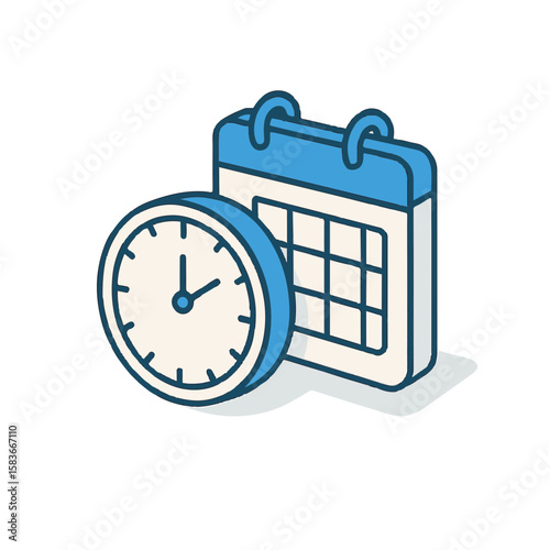 Time management featuring clock and calendar in isometric view to represent managing activities. Time management includes efficient scheduling and maintaining productivity.