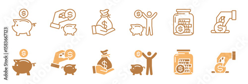 financial money savings icon line set dollar piggy bank investment planning hand hold coin currency signs vector banking saving management illustration