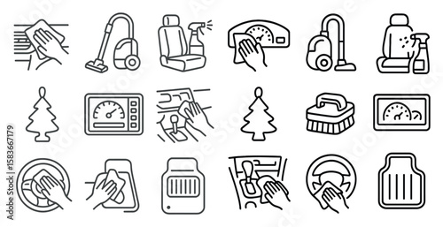 Set of icons for cleaning a car. The icons include a vacuum cleaner, a brush, a clock, and a tree
