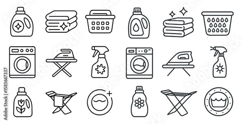 Set of laundry symbols and icons. The symbols include a washing machine, dryer, iron, and various cleaning supplies. Scene is that of a busy household, with many tasks to be done