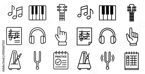 Collection of musical symbols and instruments. The symbols include a music note, a guitar, a keyboard, and a hand pointing. Scene is that of a musical composition or practice session