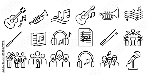 Collection of musical instruments and symbols. The instruments include a guitar, a trumpet, a trombone, and a tuba. The symbols include a sheet of music, a microphone, and a pair of headphones