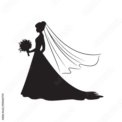 Elegant Bride with Bouquet and Veil Silhouette Design for Wedding Themes