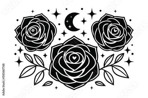 Celestial rose arrangement with crescent moon and stars