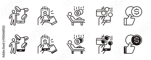 business success passive income icon line set finance growth profit gain salary hand holding paycheck dollar commission signs vector outline illustration