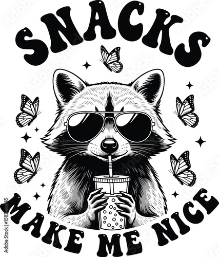 Funny raccoon enjoying a snack drink, perfect for apparel.