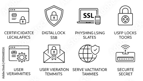 A modern, minimalist icon set featuring black line drawings of various security layers, including digital certificates, SSL locks, phishing alerts, user verification, and secure terminals. Each icon i