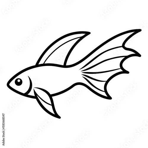 Minimalist line art illustration of a flying fish with dramatically open pectoral fins isolated on white background