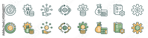 business accounting management gear icon line set financial budget control growth strategy target planning signs vector outline economy mechanism cog wheel symbol illustration