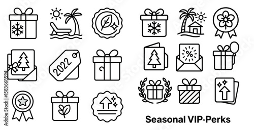 Set of seasonal icons for vip perks. The icons include a tree, a house, a boat, and a palm tree