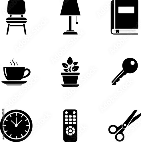 Collection of nine black icons representing household objects isolated on transparent background