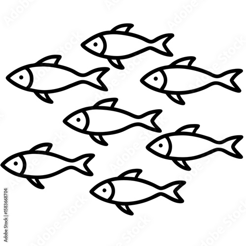 Artistic line drawing of a school of fish swimming together isolated on white background