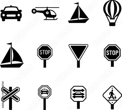Collection of transportation icons including car helicopter sailboat hot air balloon and traffic signs isolated on transparent background