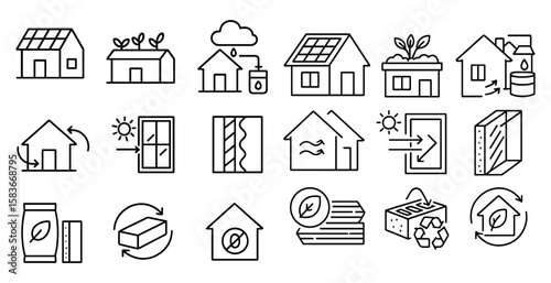 Series of house icons with a green leaf on the right. The icons include a house with a green roof, a house with a solar panel, a house with a window, and a house with a garden