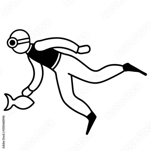 Clean line art illustration of a scuba diver exploring the underwater world with a tank isolated on white background