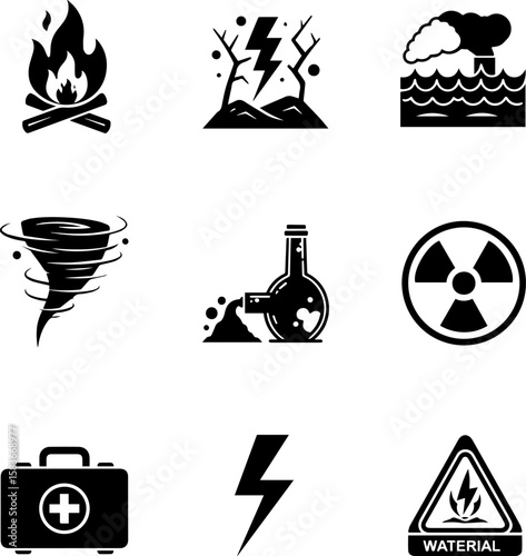 Collection of black hazard and warning icons representing natural disasters and environmental dangers isolated on transparent background