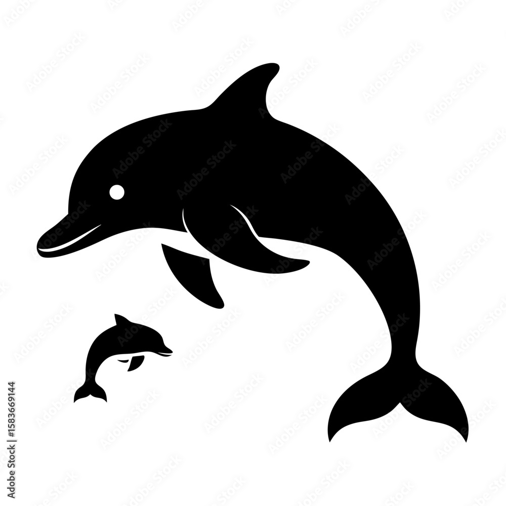 Naklejka premium Elegant silhouette of a mother dolphin and calf swimming gracefully isolated on white background