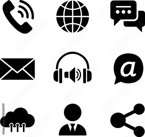 Collection of nine communication and technology icons on a transparent background isolated on transparent background