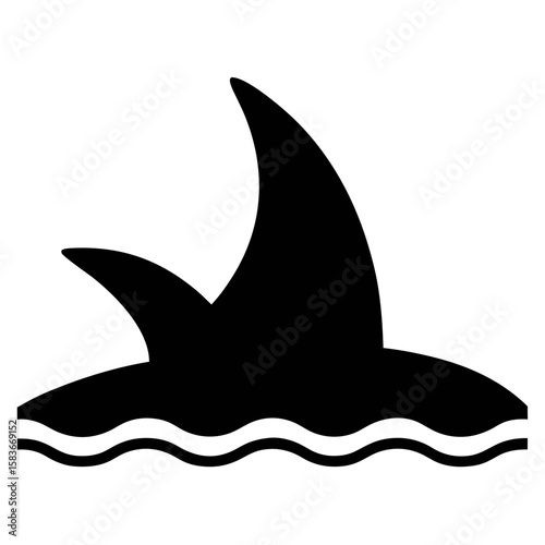 Silhouette of a shark fin emerging from the water surface isolated on white background