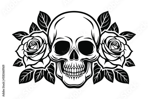 Classic black and white skull and roses tattoo design