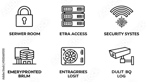 A grid of vector icons using clean, simple black outlines, representing enterprise-level security systems such as server room locks, biometric access, encrypted databases, CCTVs, and audit logs. The l