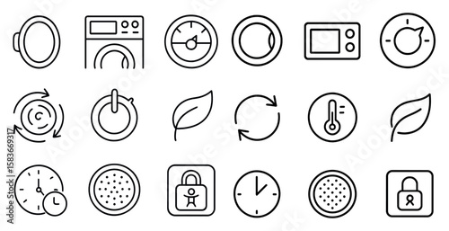 Set of icons for a laundry room. The icons include a washing machine, dryer, oven, and clock