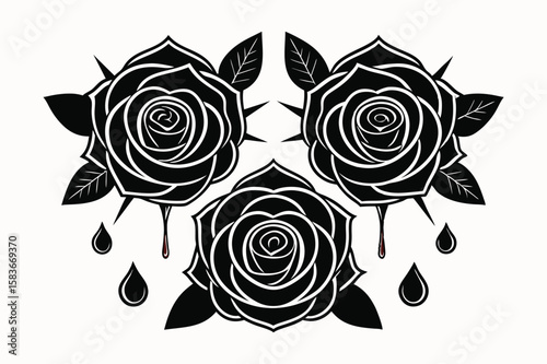 Three black roses with thorns and dripping blood droplets illustration