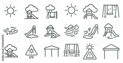 Series of icons depicting various playground equipment and weather conditions. The icons include a slide, a swing, a sun, a cloud, and a tent. Scene is playful and fun