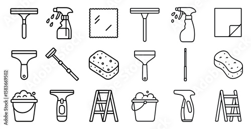 Set of cleaning tools and supplies. The image is a collection of various cleaning tools and supplies, including a squeegee, a brush, a ladder, a bucket, and a spray bottle