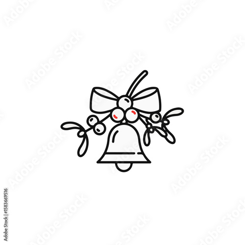 A simple outline of a Christmas bell with festive decor, perfect for holiday-themed designs.