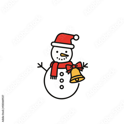Festive snowman with red scarf and jingle bell illustration