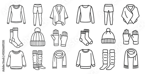 Collection of clothing items including hats, gloves, and scarves. The clothing items are all drawn in a simple, stylized way