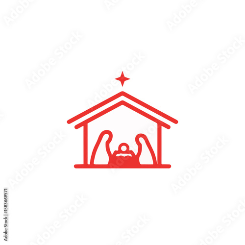 An elegant, minimalist red nativity scene with the star shining above.