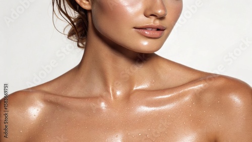 Close-up of a woman's neck and shoulders with glowing, dewy skin and water droplets on a light background.