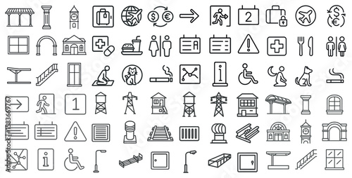 Collection of icons for various things like buildings, stairs, and food. The icons are all in black and white