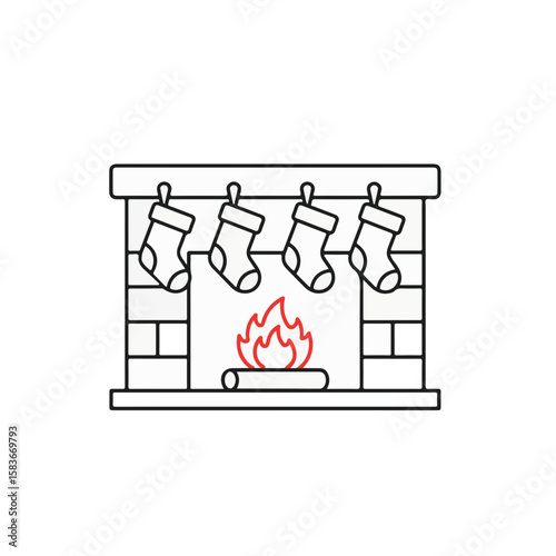 A fireplace with hanging Christmas stockings and a warm fire burning in the hearth.