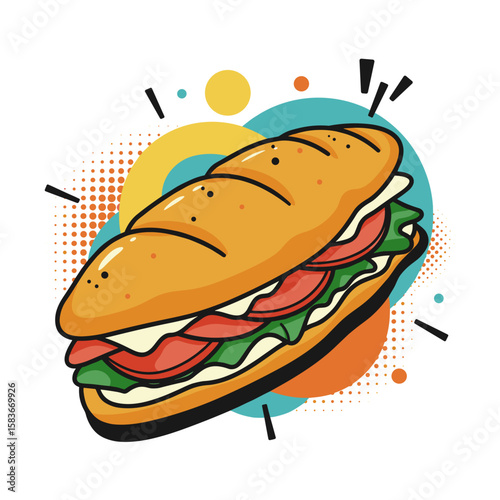 Illustrated sandwich with lettuce, tomato, and mayonnaise on colorful background  