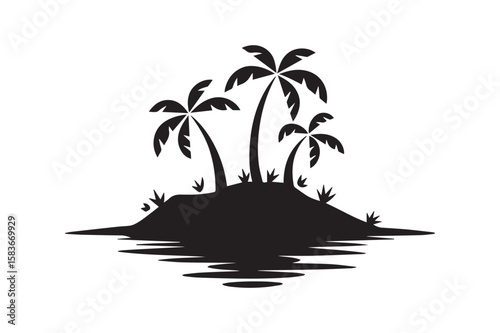 Tropical Island with Palm Trees and Water Reflection Silhouette for Paradise and Travel