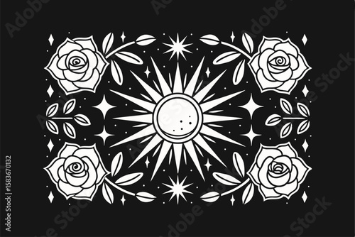 Celestial sun and roses with stars and moon elements