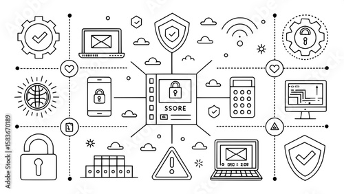 A security icon set composed of monochrome line drawings, including elements like network monitoring tools, secure payment systems, password managers, mobile security apps, and warning signs. The grid