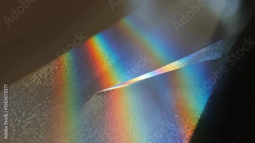 Sunlight is diffracting through a wet textured surface, creating a beautiful rainbow effect with vibrant colors and interesting light patterns