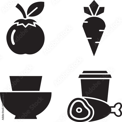 Organic Food Silhouette Icon Pack – Minimalist Vegetables, Bowls, Meat Cut, and Drink Symbols
