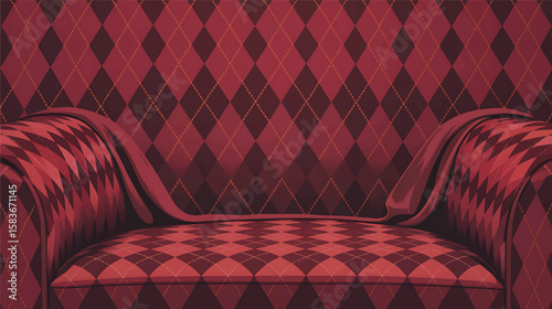 Red armchair with diamond pattern upholstery and matching wall vector